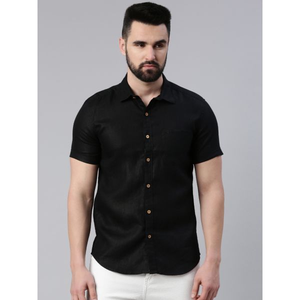 Ecentric Men Black Solid Hemp Half Sleeve Shirt