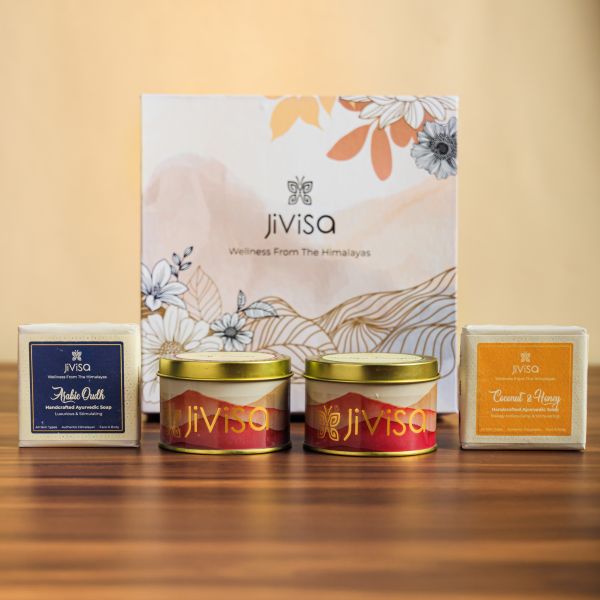 JiViSa Luxury Ayurvedic Handmade Soaps and Soy Wax Candles Gift Box (With Handmade Rakhi)
